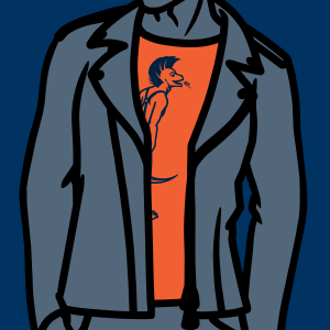 Dark blue and orange closeup illustration of a man's torso in t-shirt and leather jacket