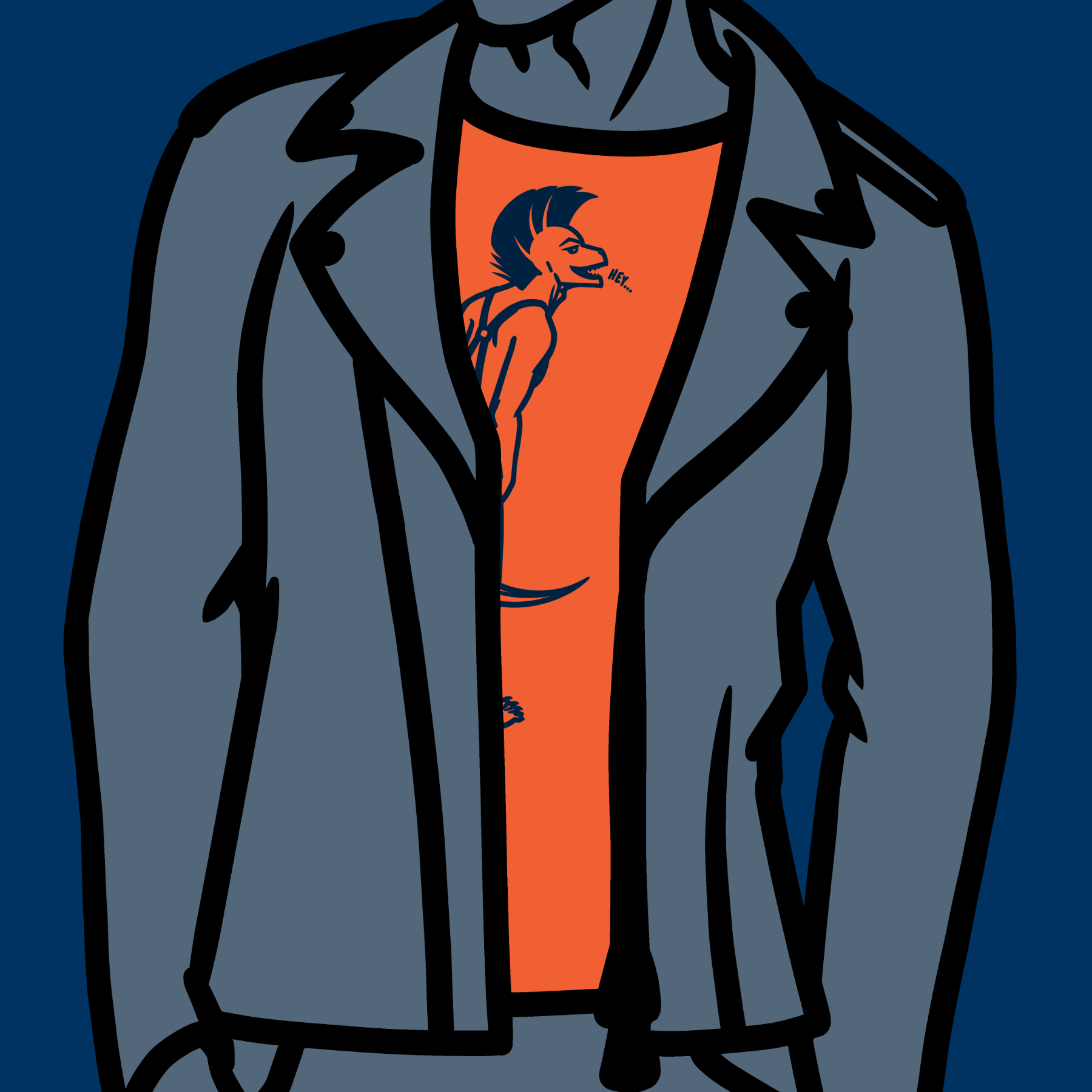 Dark blue and orange closeup illustration of a man's torso in t-shirt and leather jacket