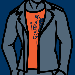 Dark blue and orange closeup illustration of a man's torso in t-shirt and leather jacket