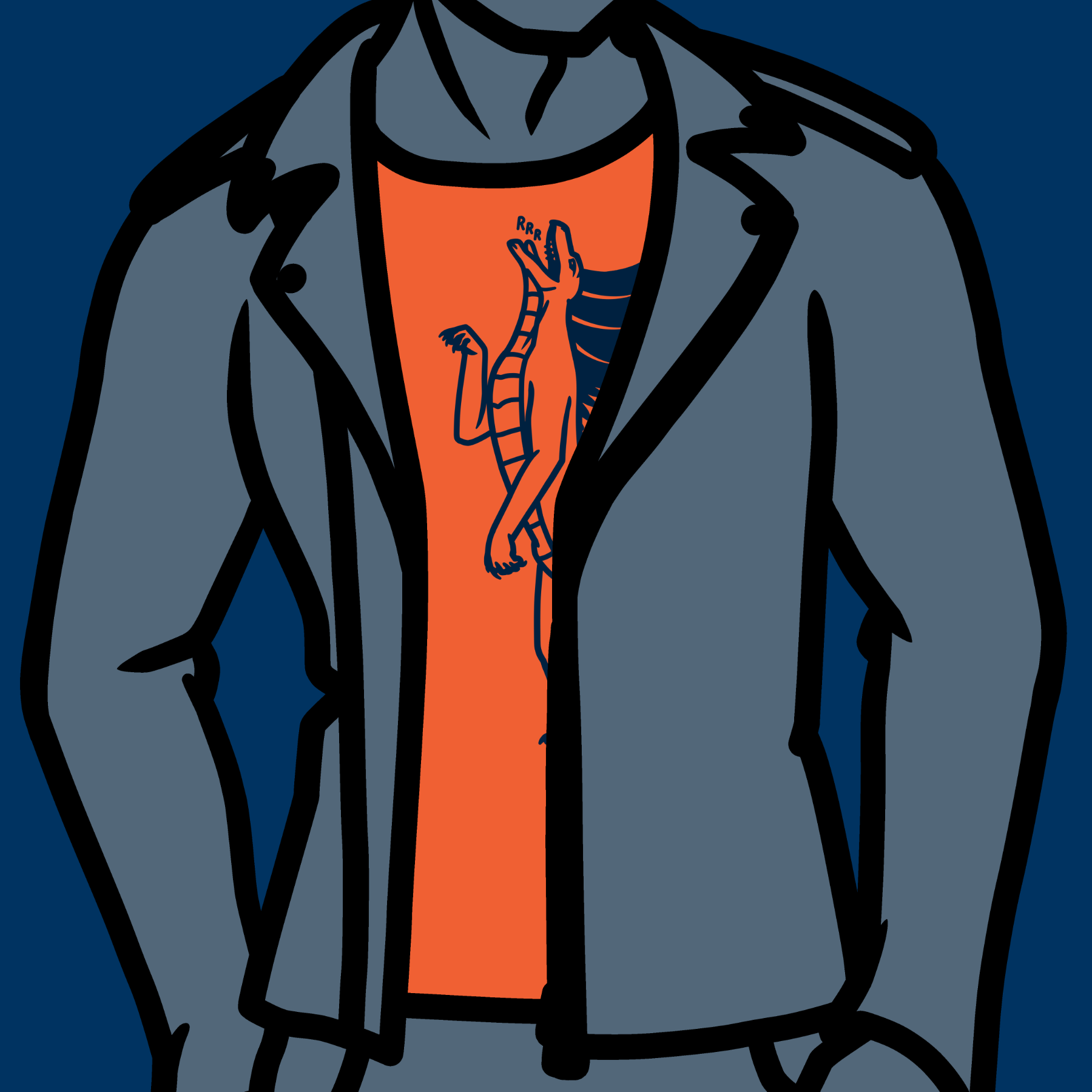 Dark blue and orange closeup illustration of a man's torso in t-shirt and leather jacket