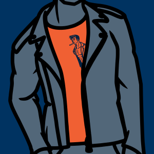 Dark blue and orange closeup illustration of a man's torso in t-shirt and leather jacket