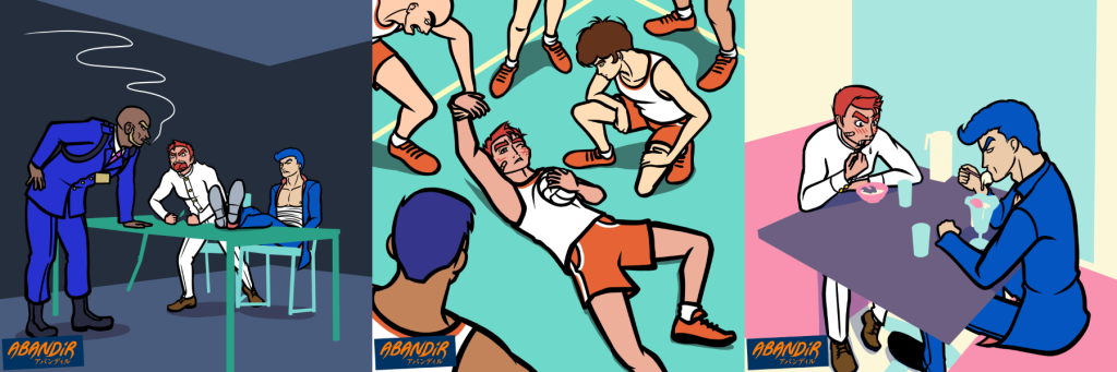 Three colorful illustrations side by side; first has a police interrogation goin' on, second got a dodgeball player down on the floor and third has two guys sittin' at sum restaurant.