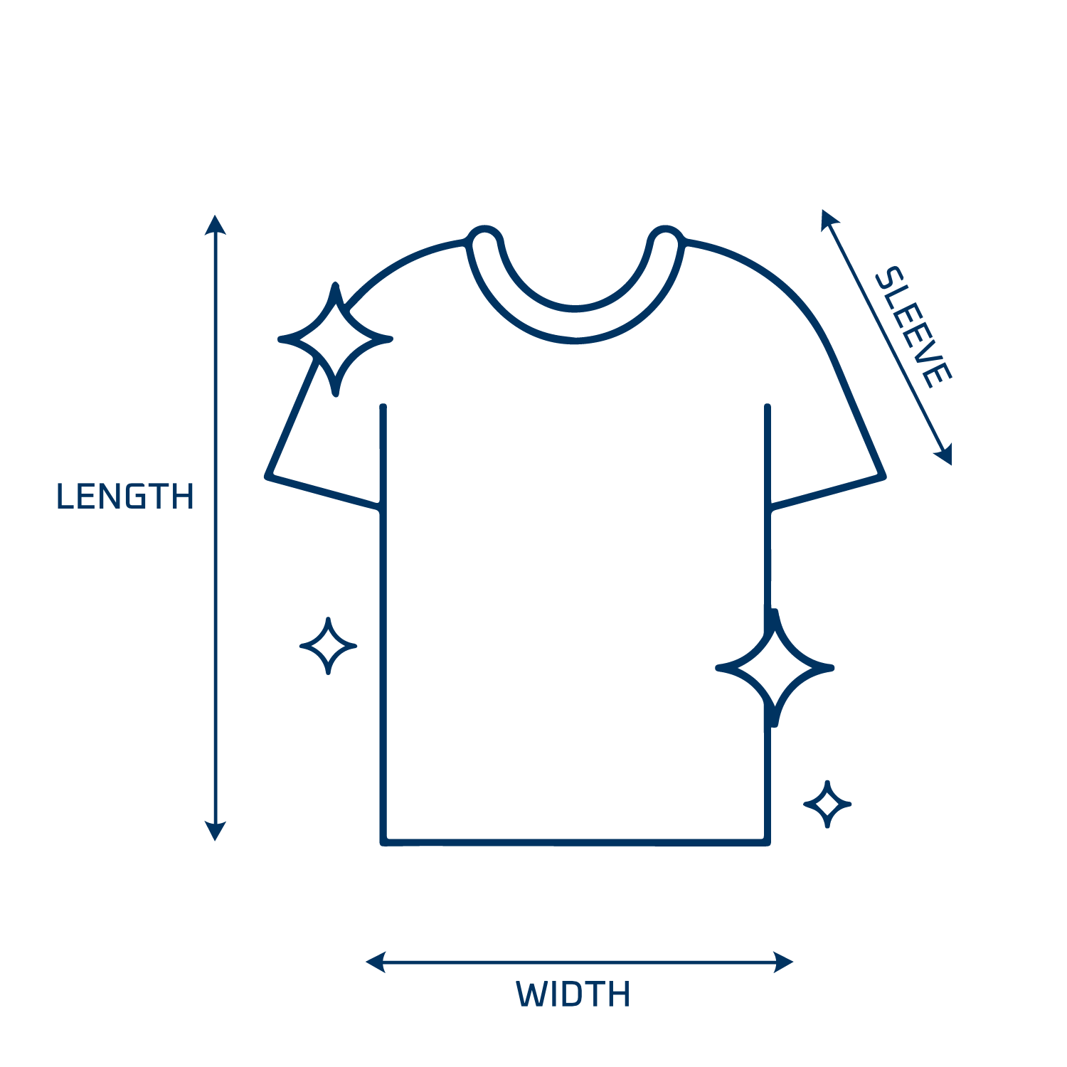Figure of a t-shirt with measurement guides for length, width and sleeve.