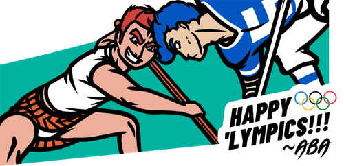 Two men with hockey sticks facin' each other. Text reads: Happy 'Lympics!!!!